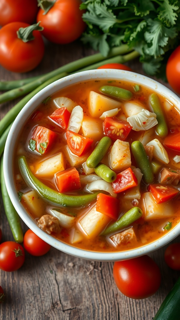 7-Day Cabbage Soup Diet: Transform Your Body in Just One Week A bowl of cabbage soup with vegetables like tomatoes, green beans, and cabbage on a rustic table.